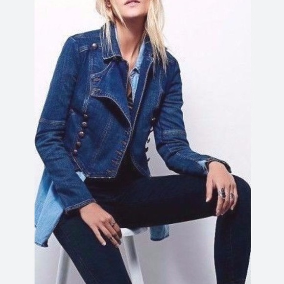 Free People Denim military band double breasted Jacket with Brass Buttons - Picture 1 of 12